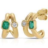 Two Row Diamond And Emerald Huggie Earrings