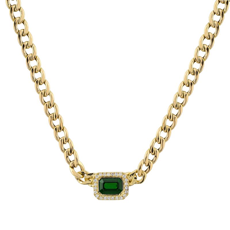 14k Yellow Gold Emerald Cut Emerald Cuban Link Chain Necklace ...