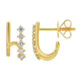 Two Row Shared Prong Diamond And Gold J Huggie Earrings