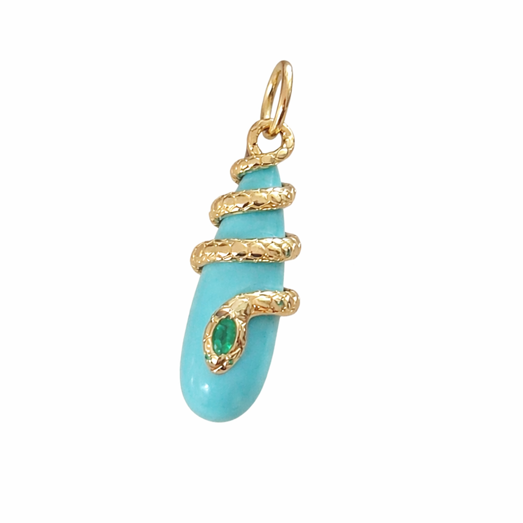 14k Yellow Gold Snake-Wrapped Turquoise Drop Charm