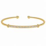 14k Yellow Gold Bead Diamond Bar Open Bangle Bracelet