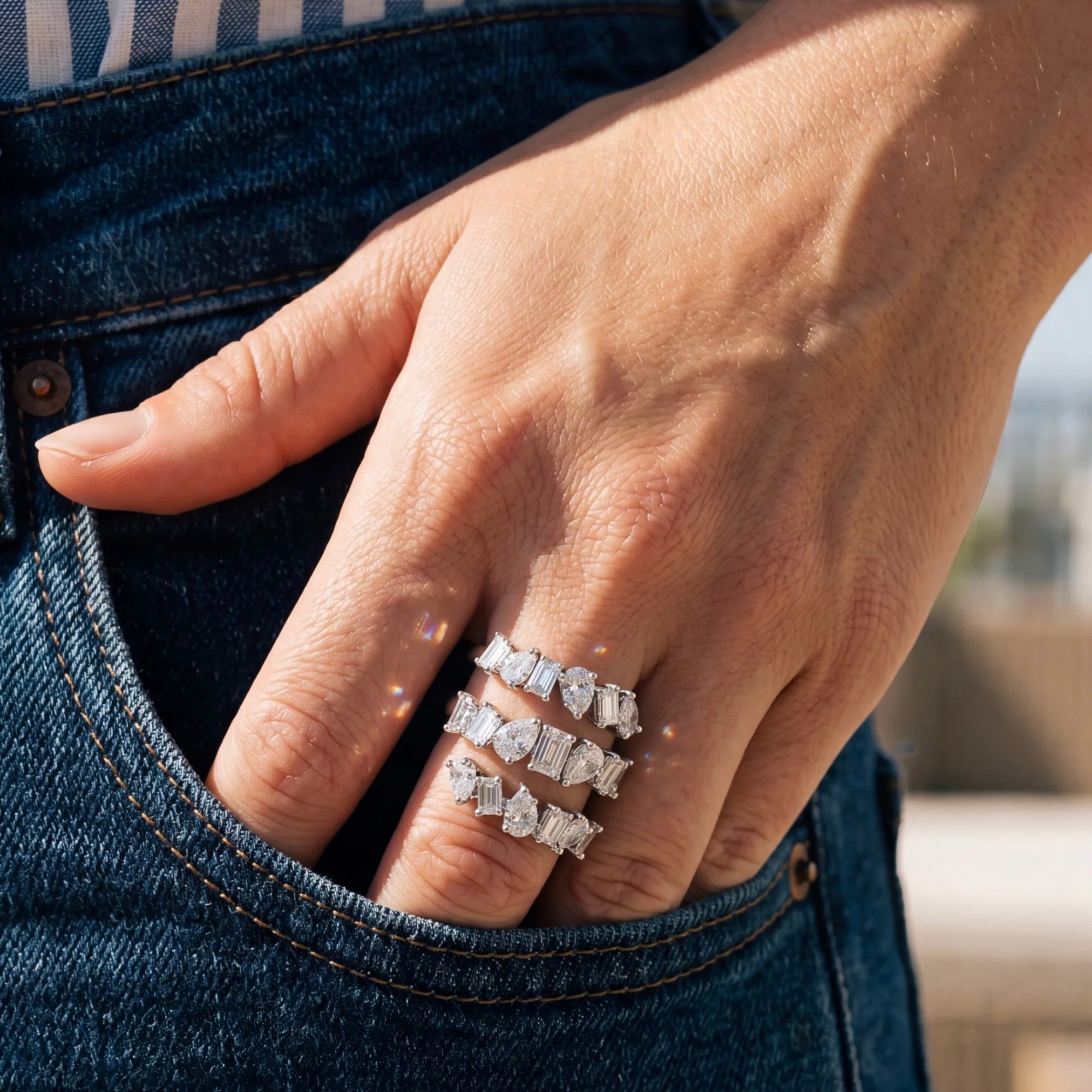 Customized Platinum Three Row Emerald Cut and Pear Diamond Ring