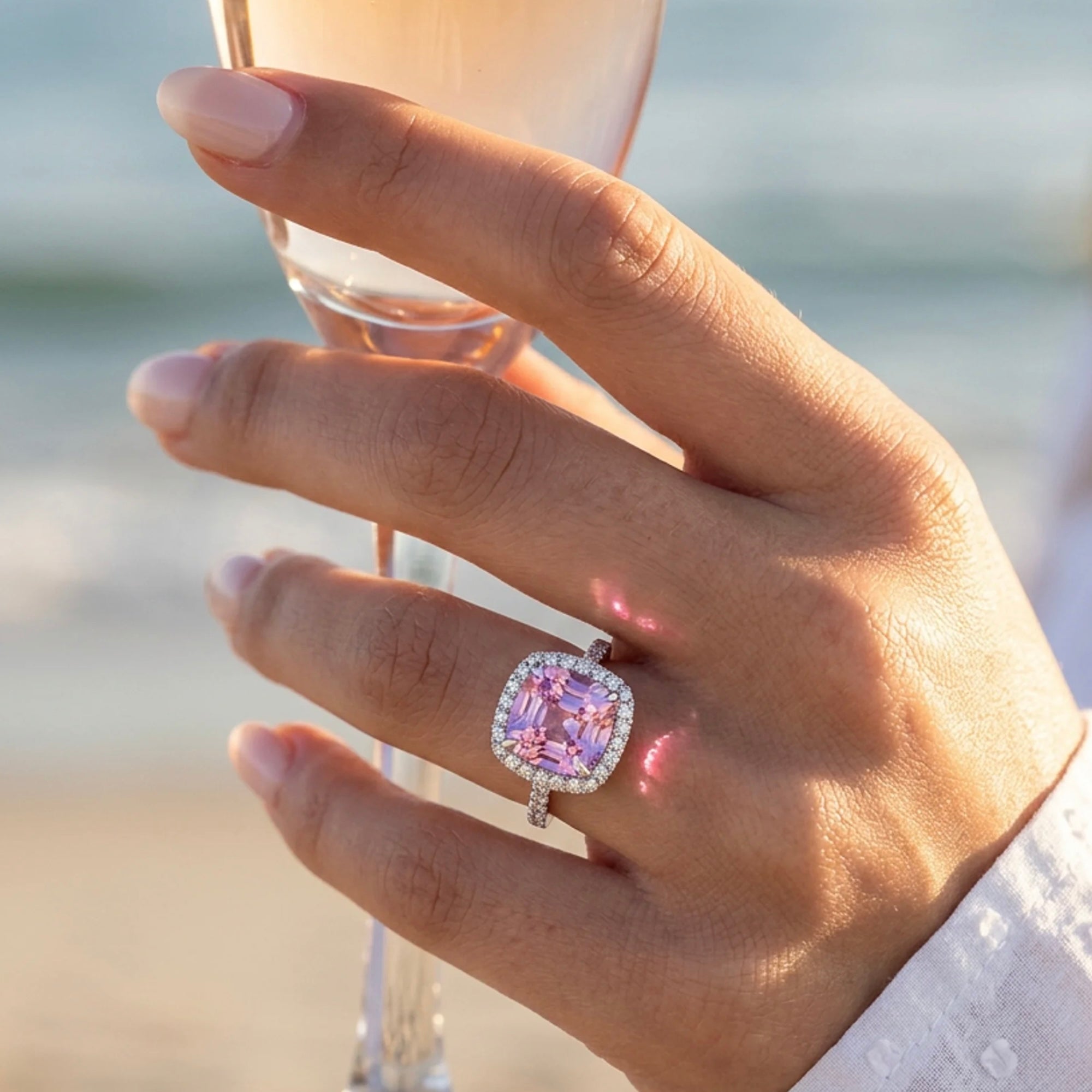 Customized Platinum Pink Sapphire Cushion with Diamond Ring