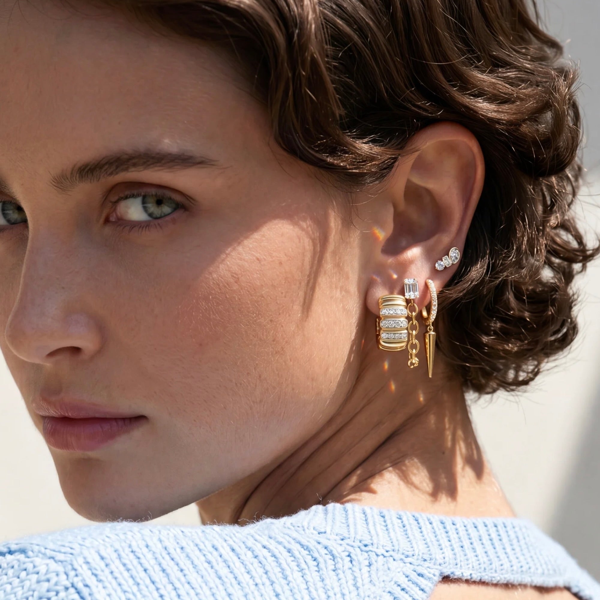 Wide Gold Diamond Fluted Huggie Earrings
