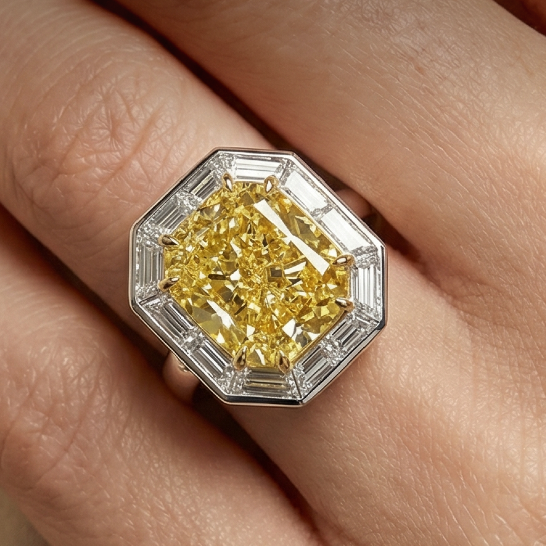 Platinum And 18k Yellow Gold Radiant Yellow Canary Diamond With Baguette Ring
