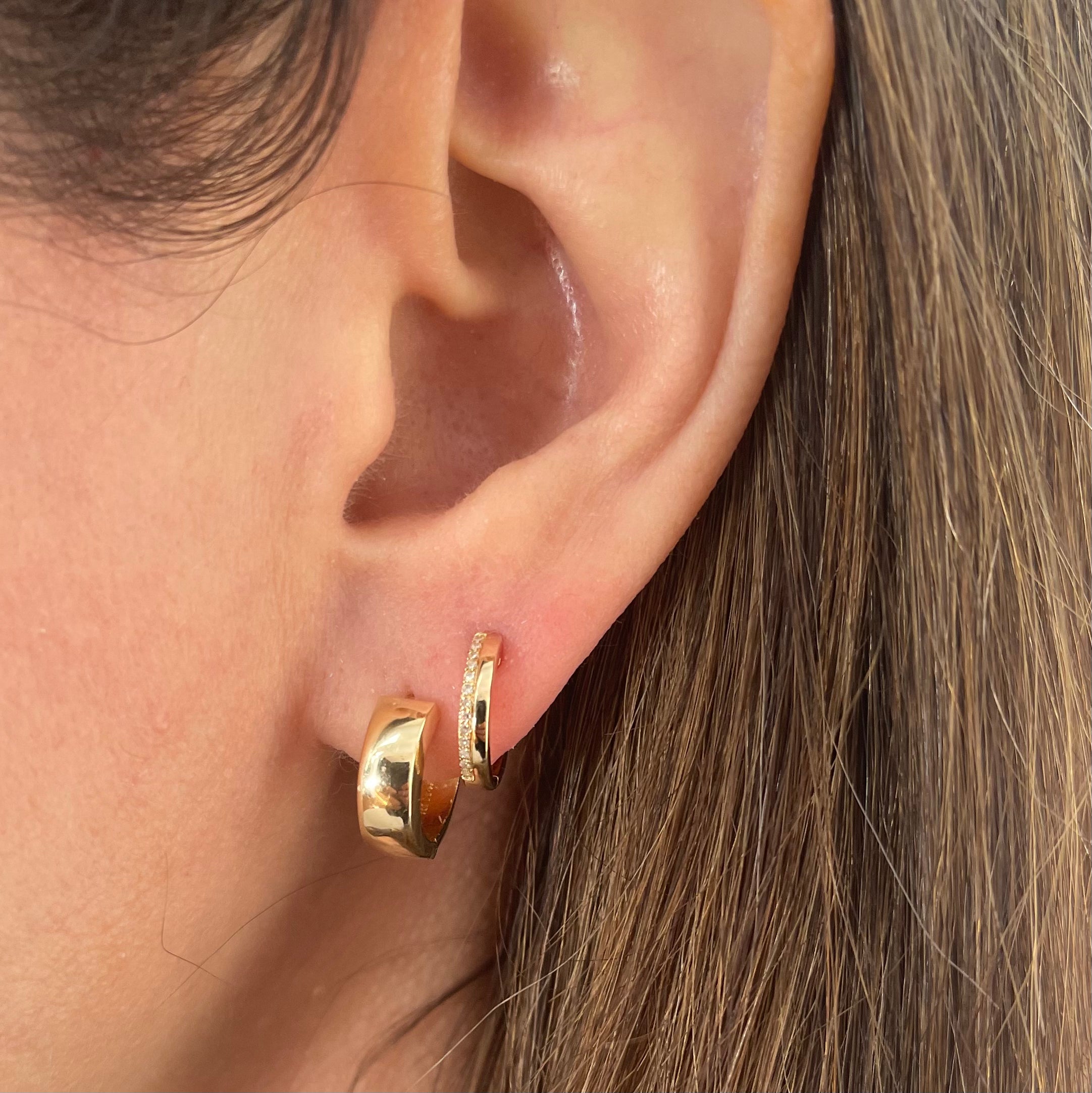 Gold With Pavé Diamond Edge Huggie Earrings