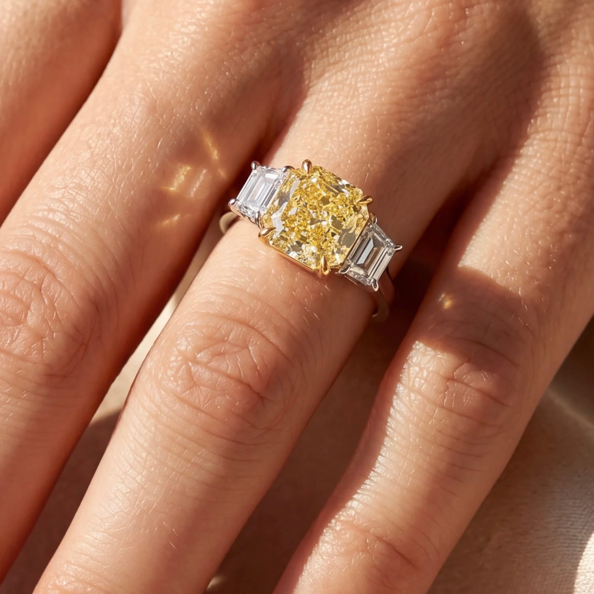 Platinum and 18k Yellow Gold Yellow Diamond and Trapezoid  Ring