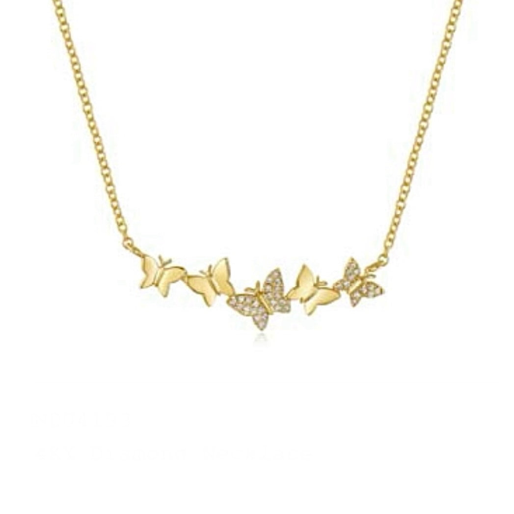 Gold And Diamond Butterfly Bar Necklace