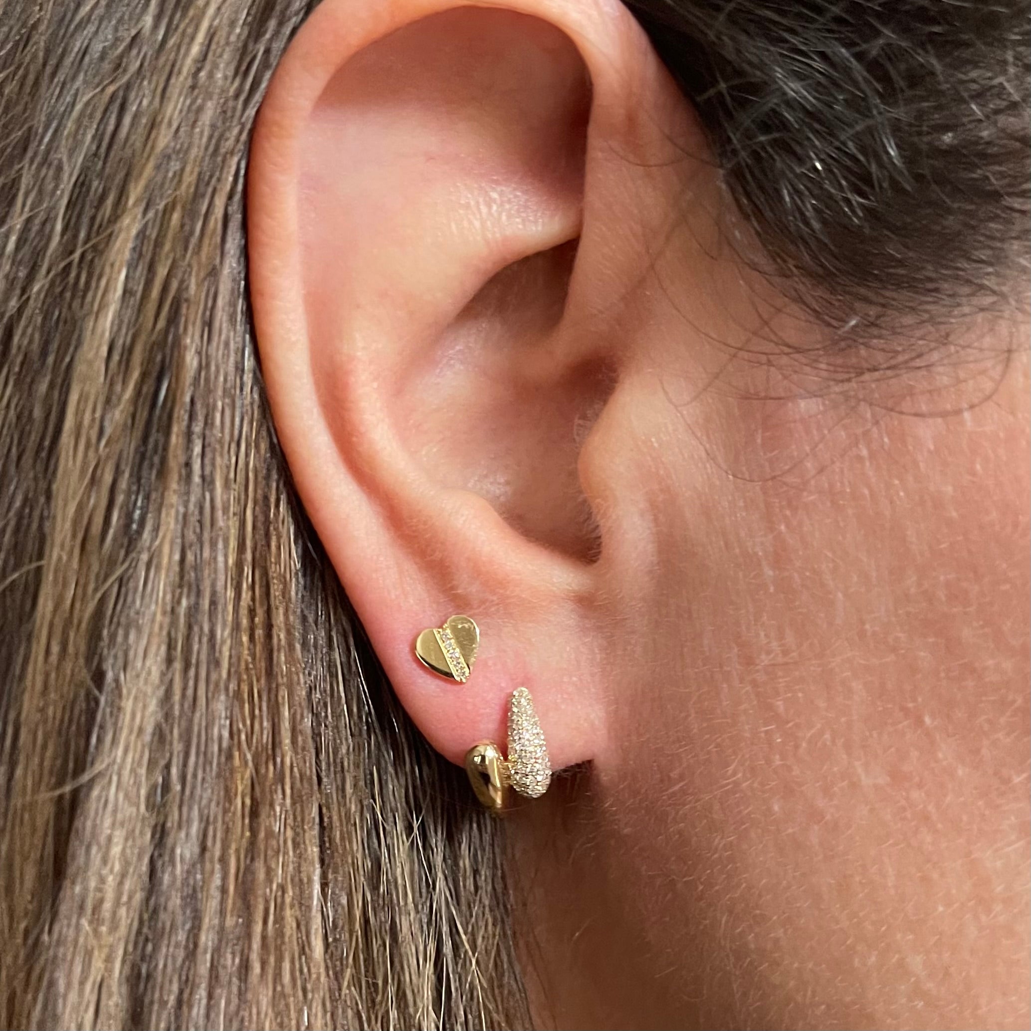 Gold With Diamond Center Heart Stud Earrings