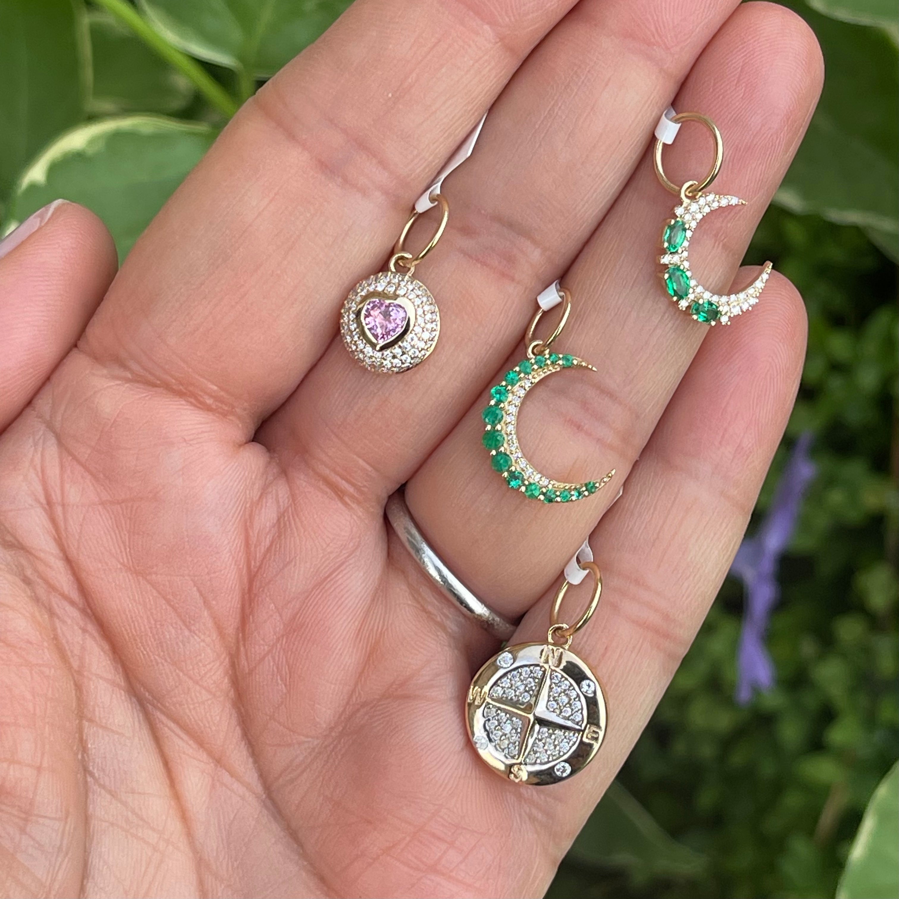 Crescent Moon With Emerald and Diamond Charm