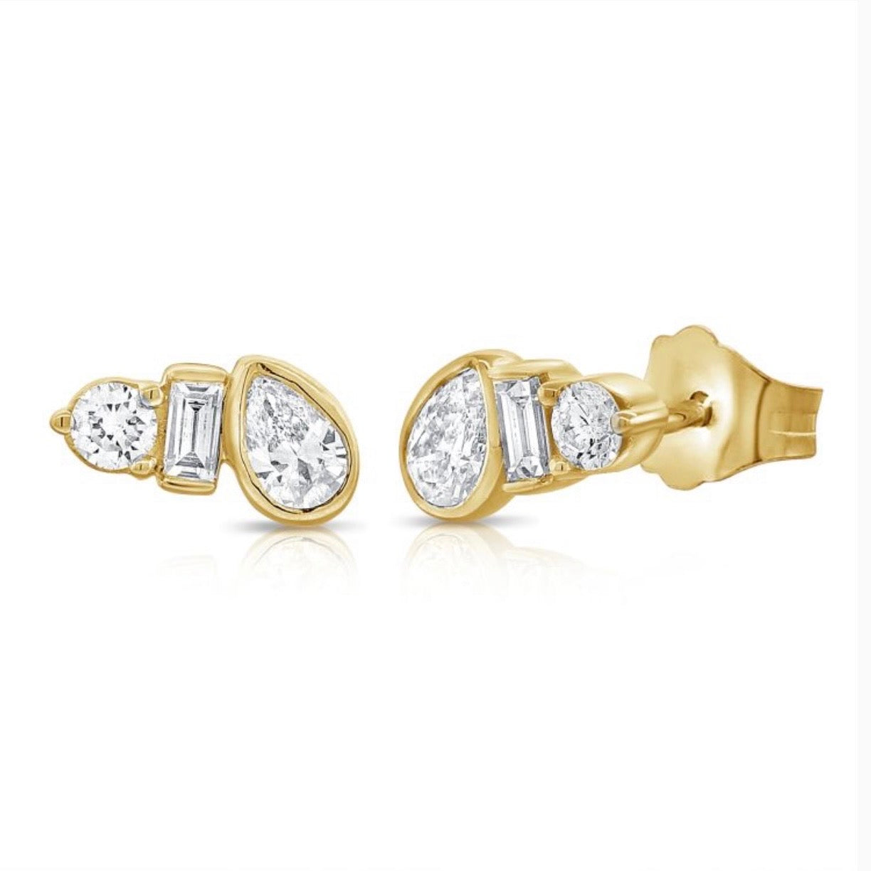 Baguett, Pear And Round Diamond Stud Earrings