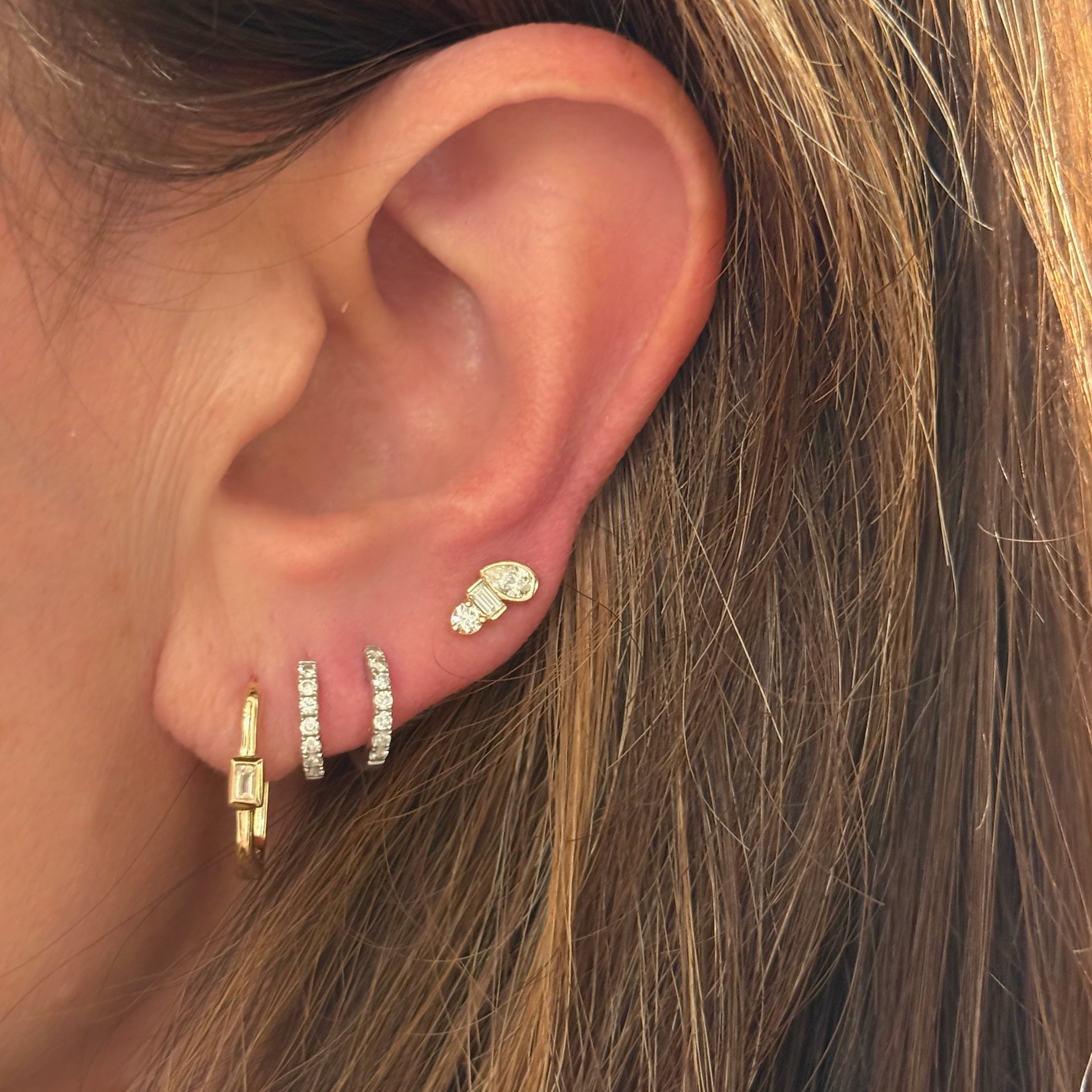 Baguett, Pear And Round Diamond Stud Earrings