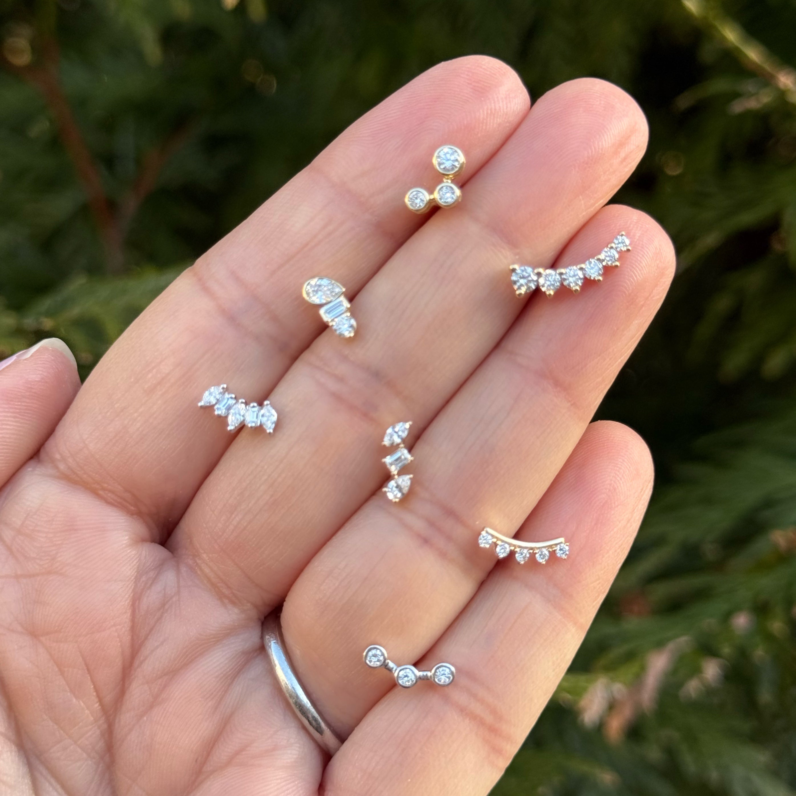 Baguett, Pear And Round Diamond Stud Earrings