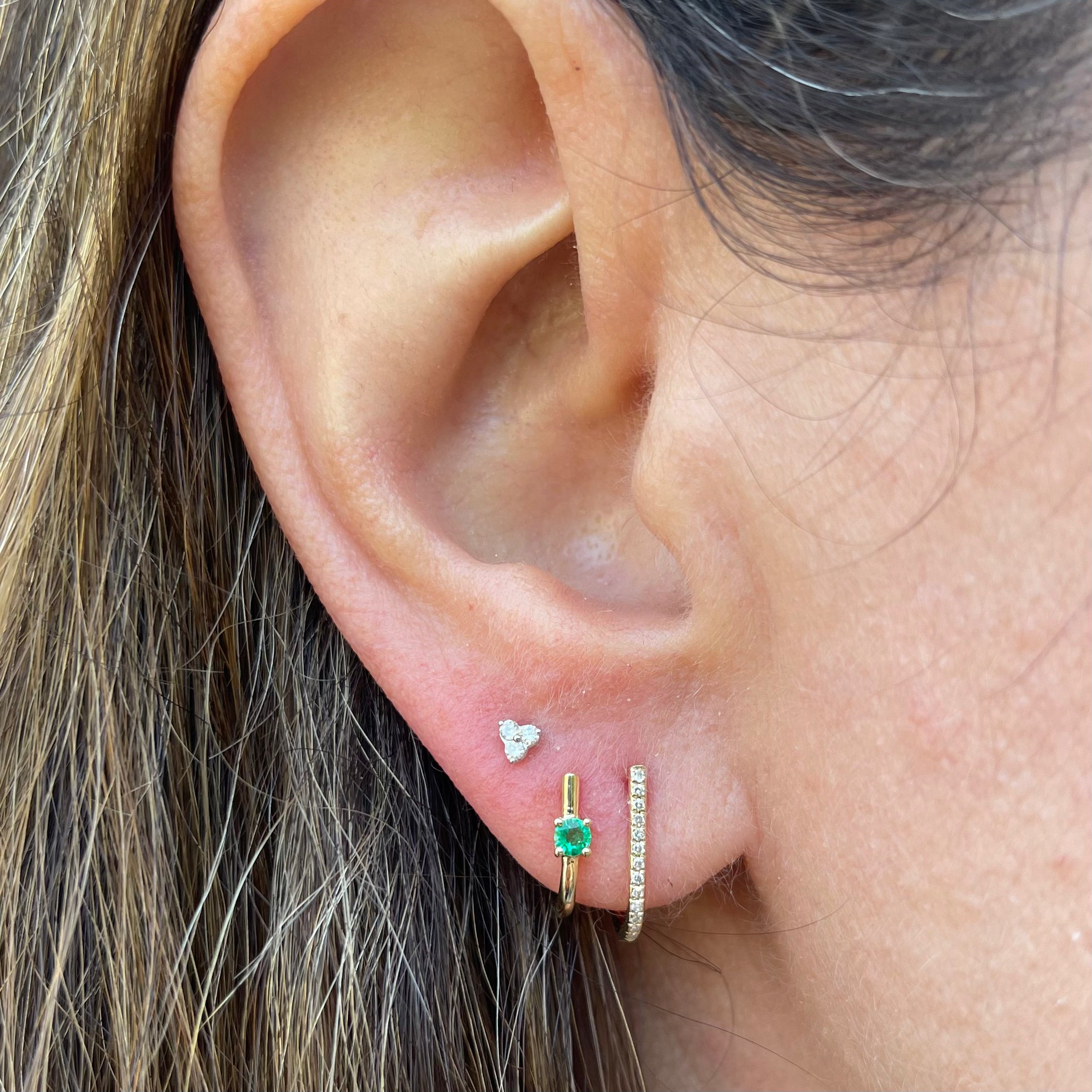 Emerald And Diamond Two Row J Huggie Earrings