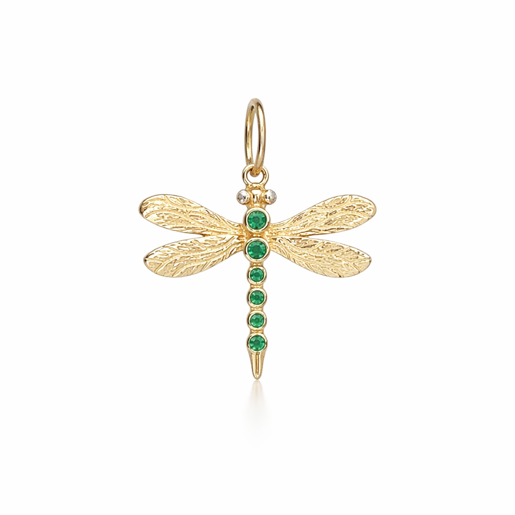 14k Yellow Gold Emerald Dragonfly Charm