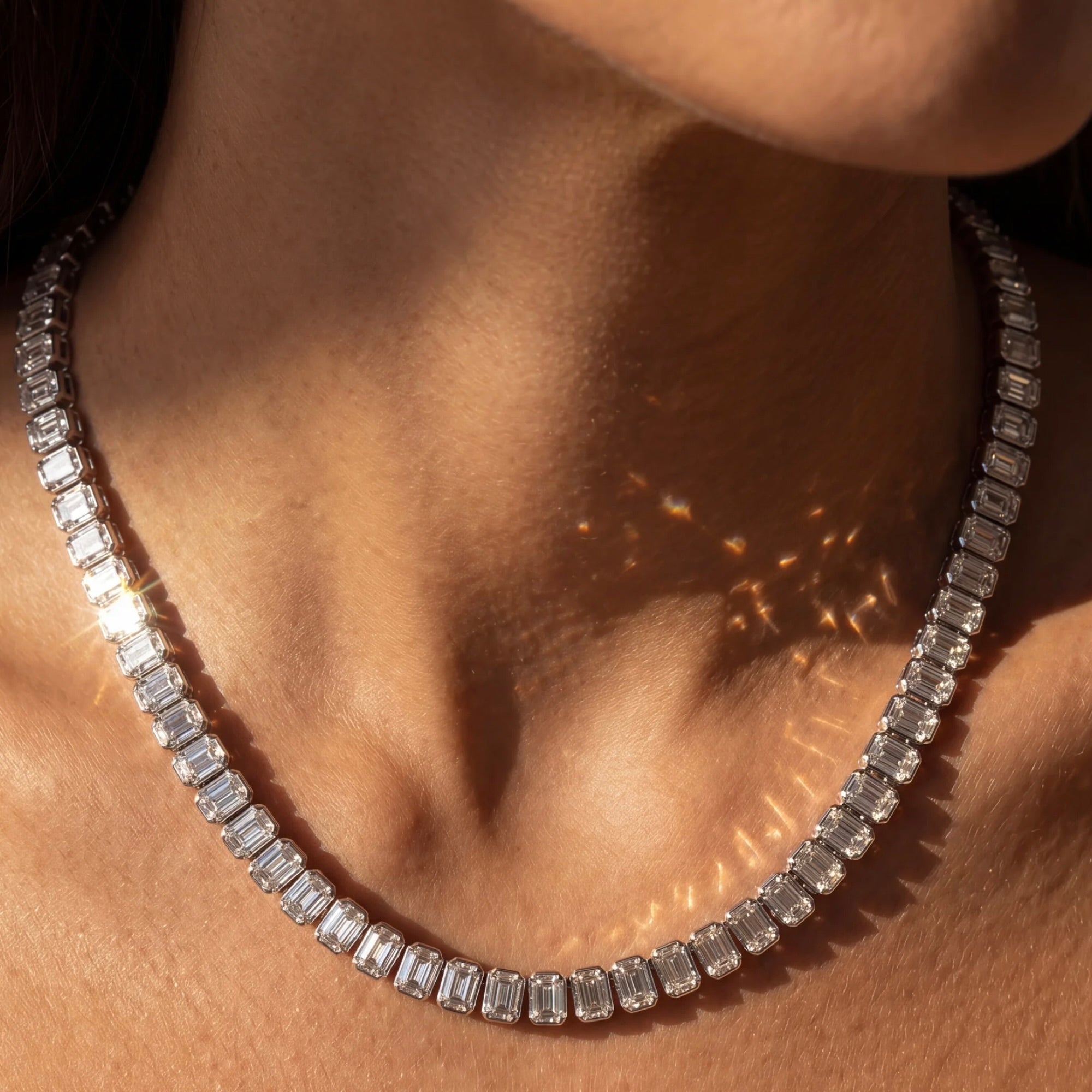 Custom Platinum Emerald-Cut Diamond Bezel Necklace