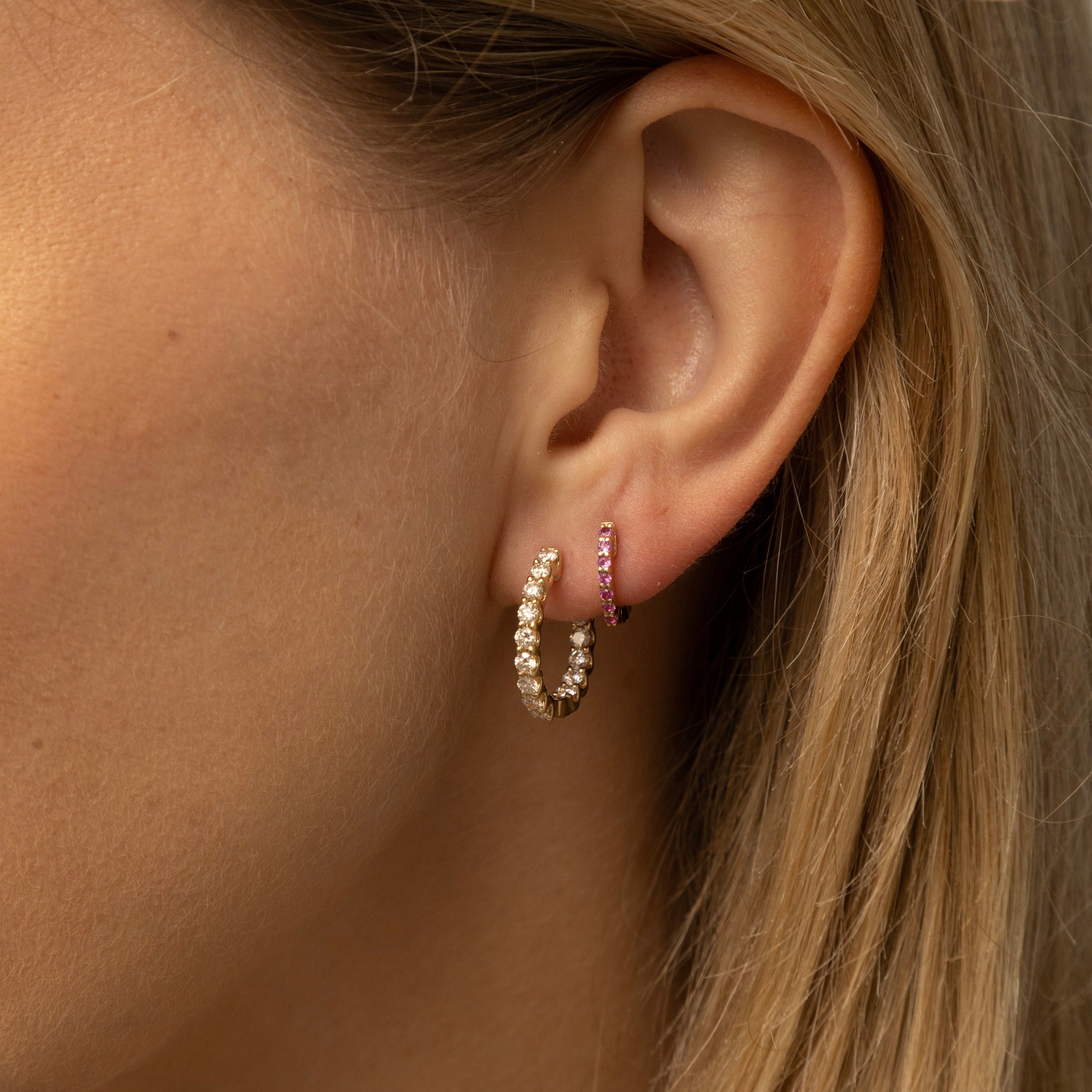 Diamond And Pink Sapphire Huggie Earring