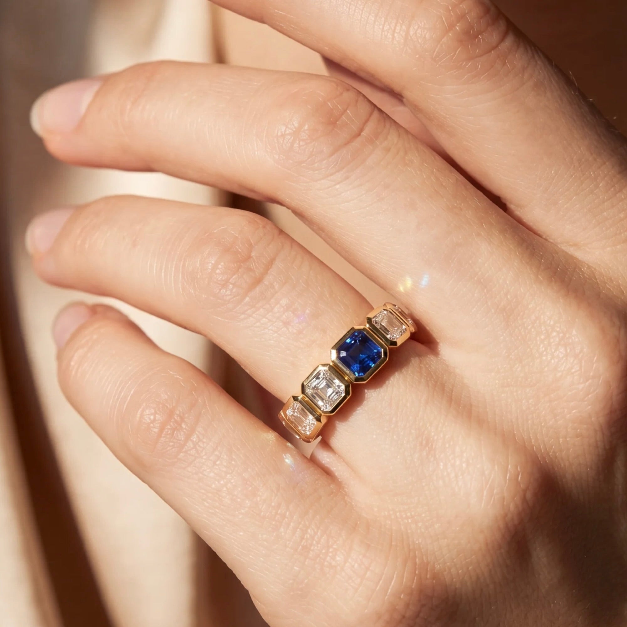 18k Yellow Gold Asher Cut Diamond With One Sapphire Eternity Ring
