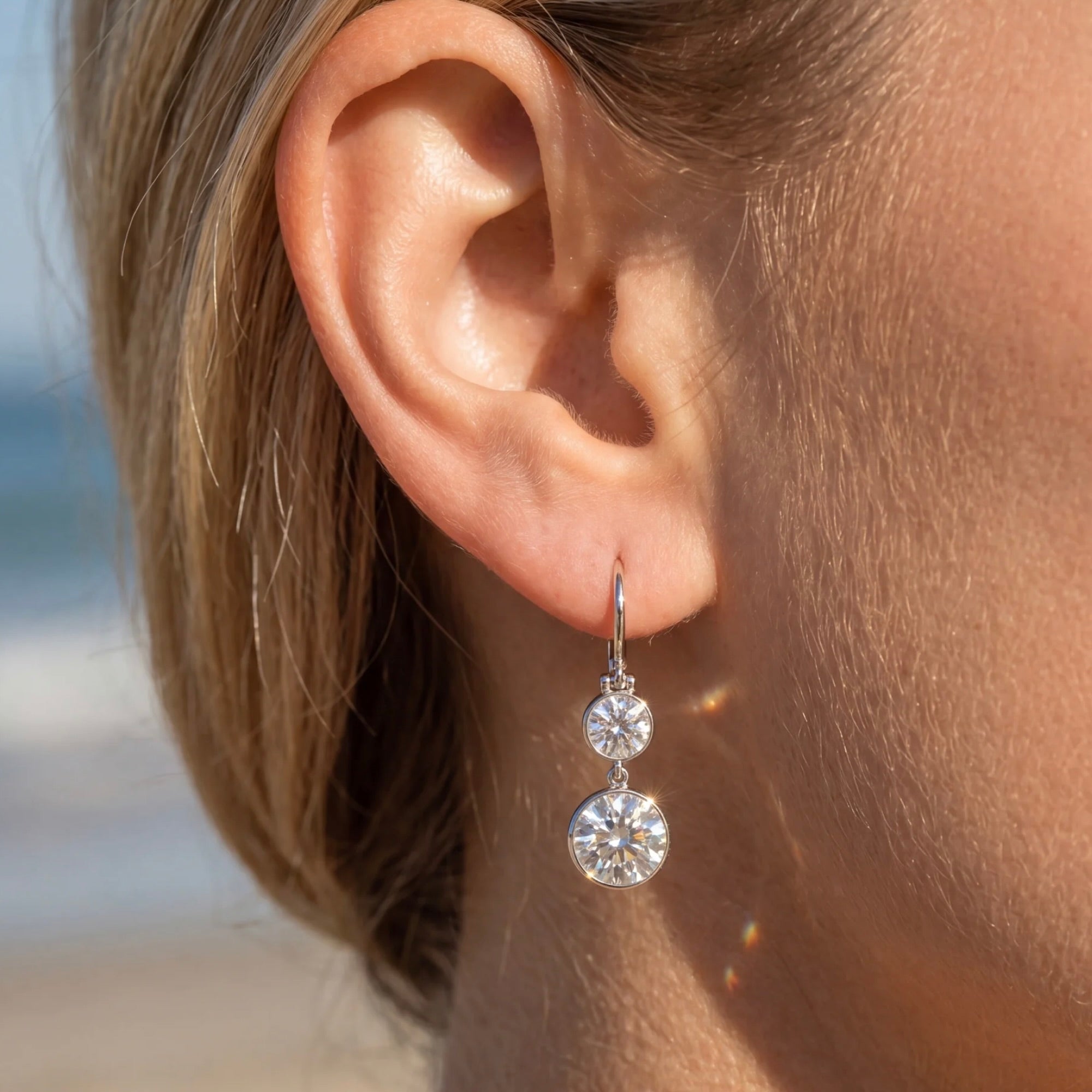 Custom Platinum Double Diamond Bezel Drop Earrings