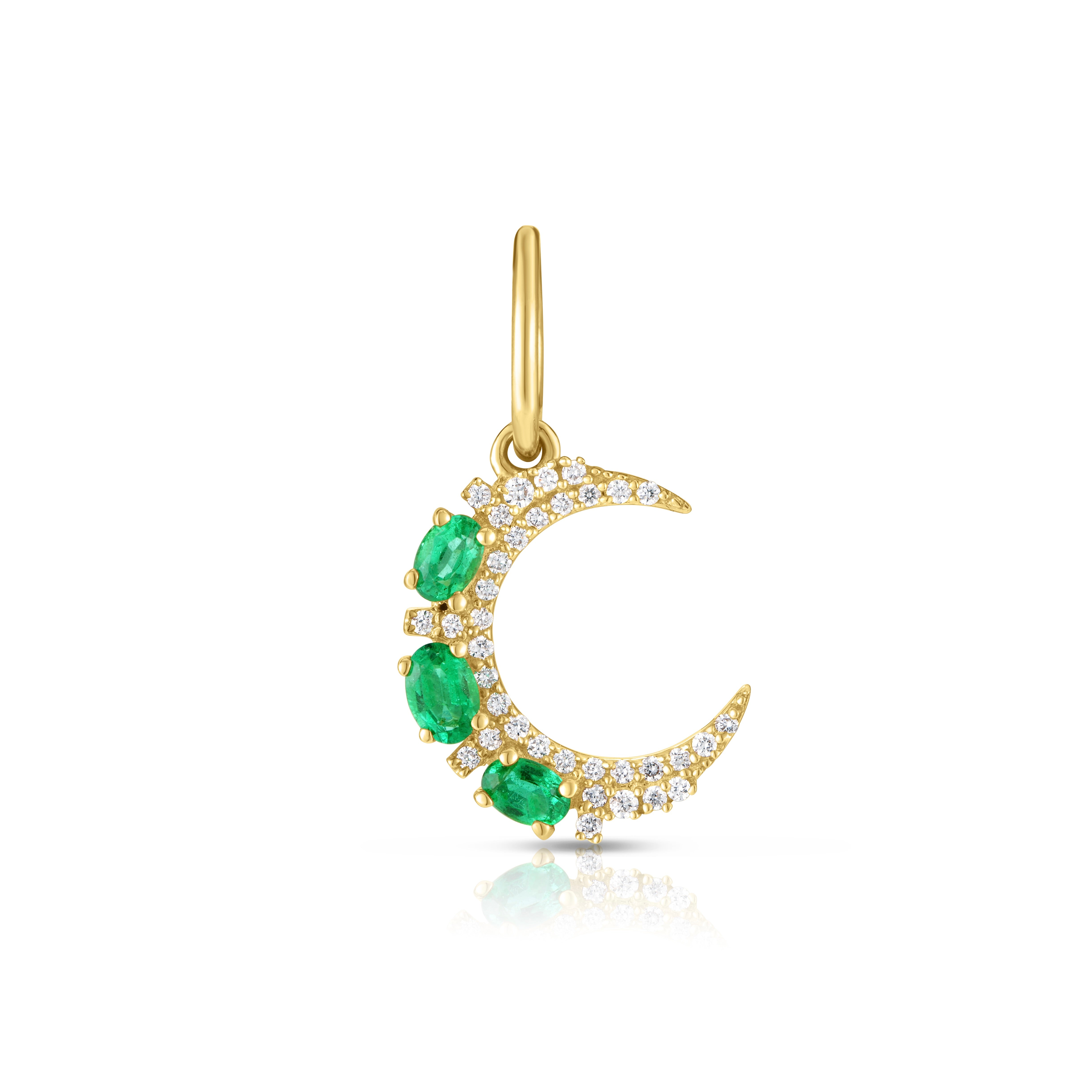 Crescent Moon With Emerald and Diamond Charm