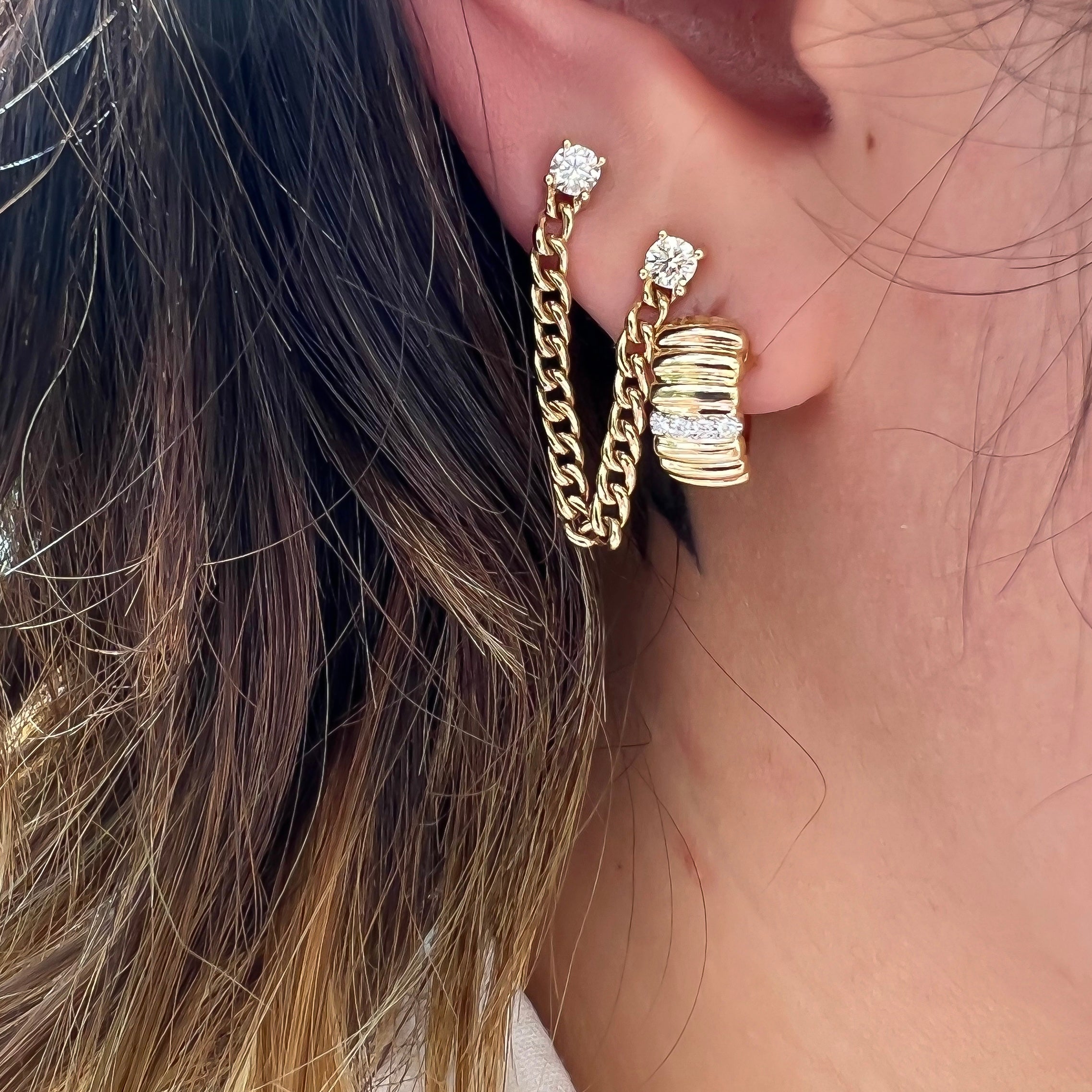 Wide Gold Huggie Earrings With Diamond Row