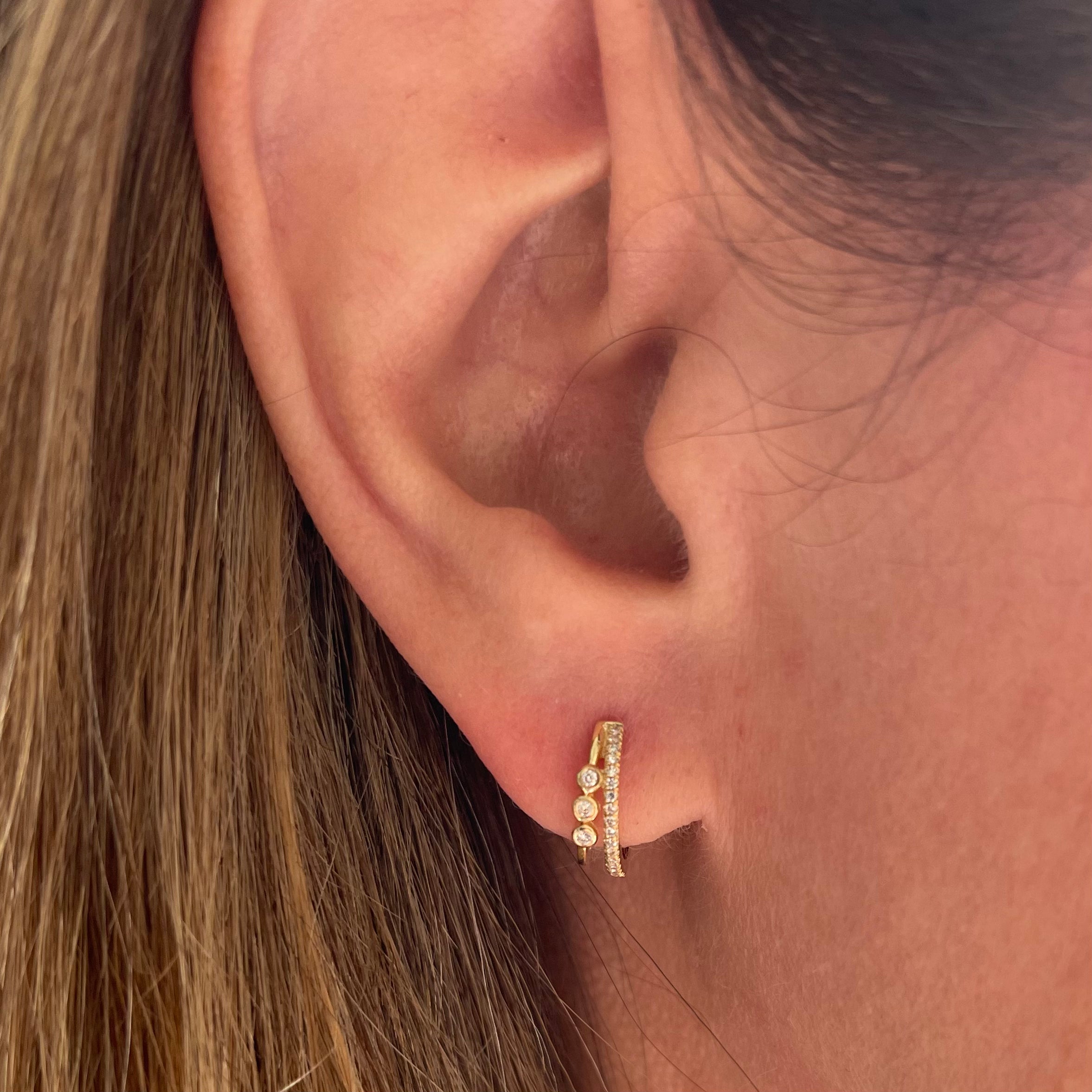 Three Diamond Bezel and Prong Set Diamond Split Huggie Earring