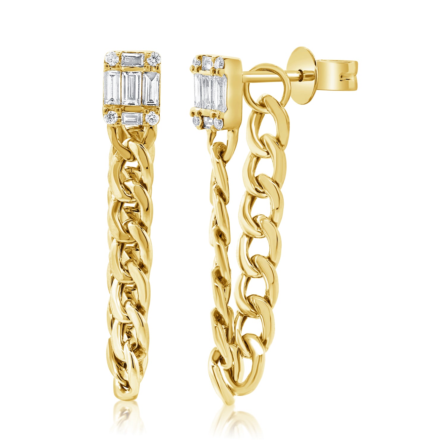 Baguette And Cuban Link Chain Earrings