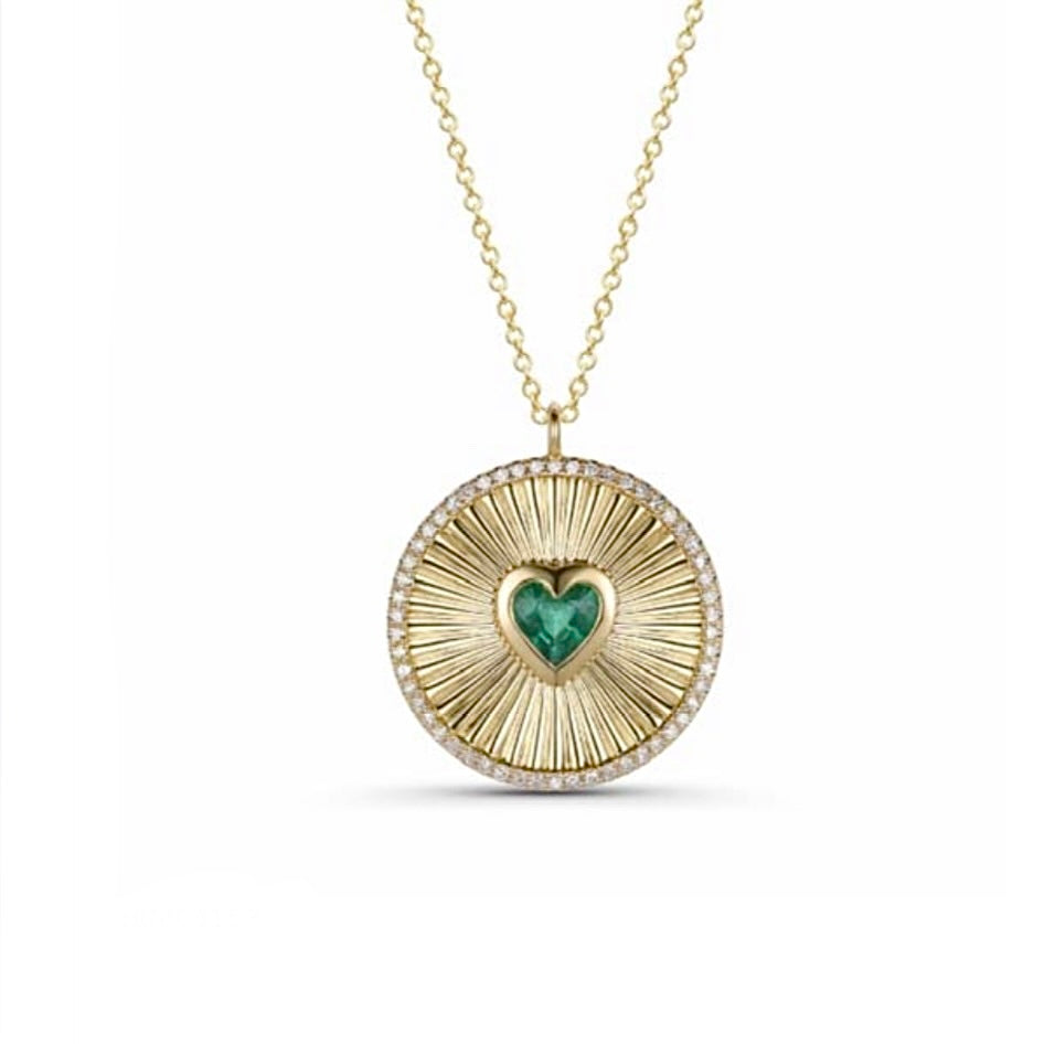 Emerald Heart With Diamond Border Disc Necklace