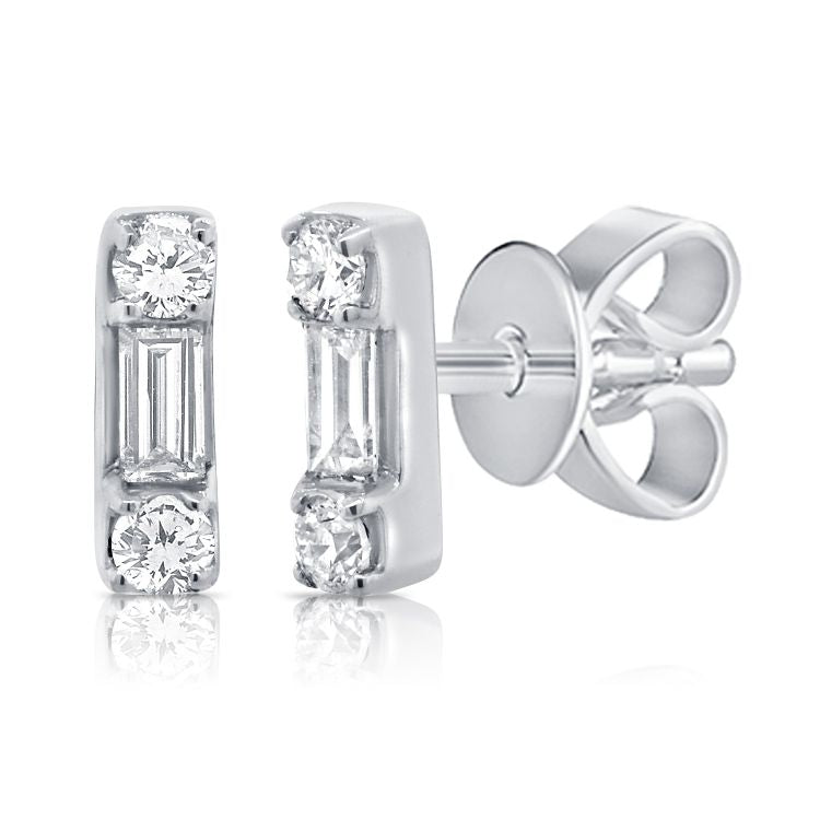 Diamond Prong Baguette And Round Bar Earring
