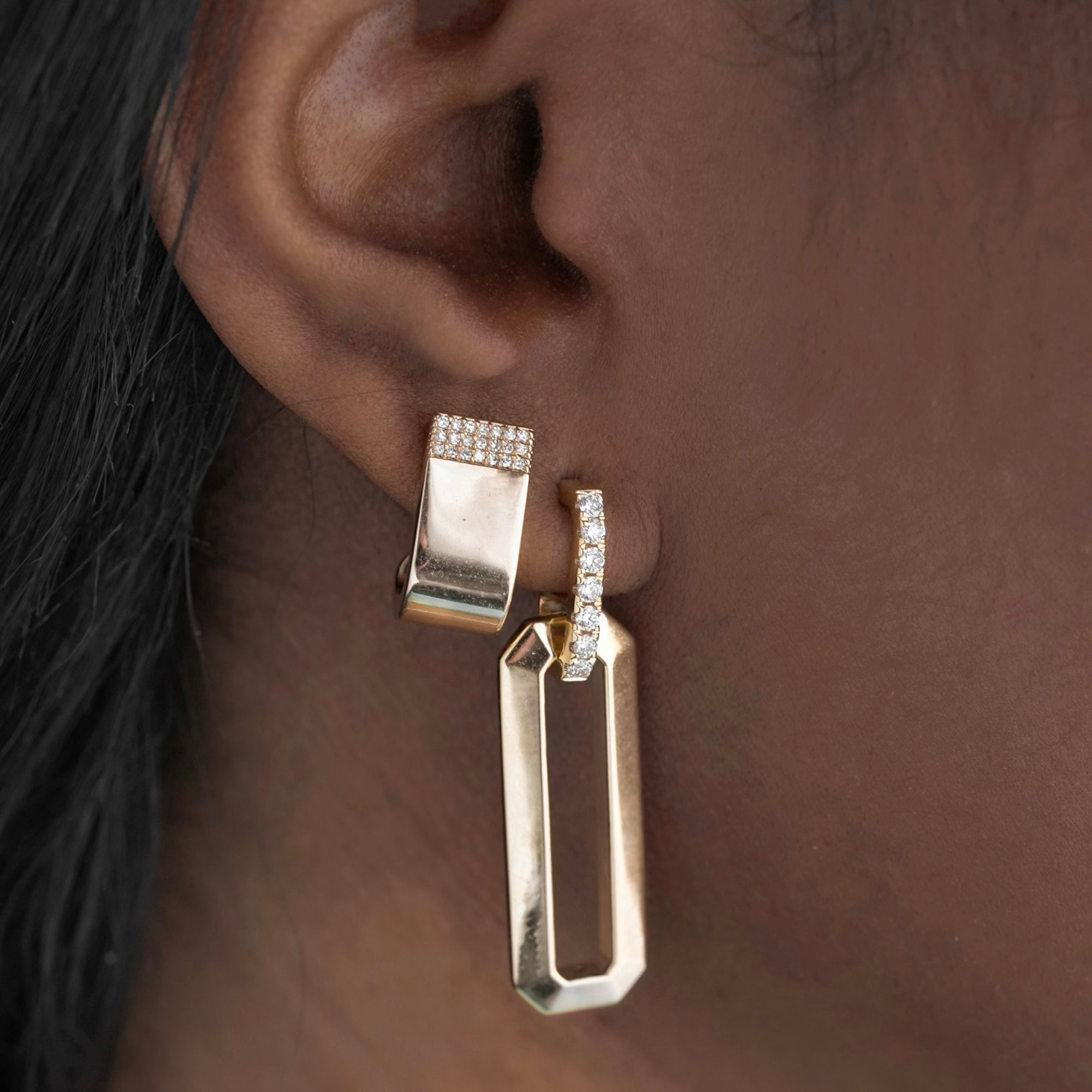 Diamond Stick And Gold Squared-Off Bubble Link Earrings