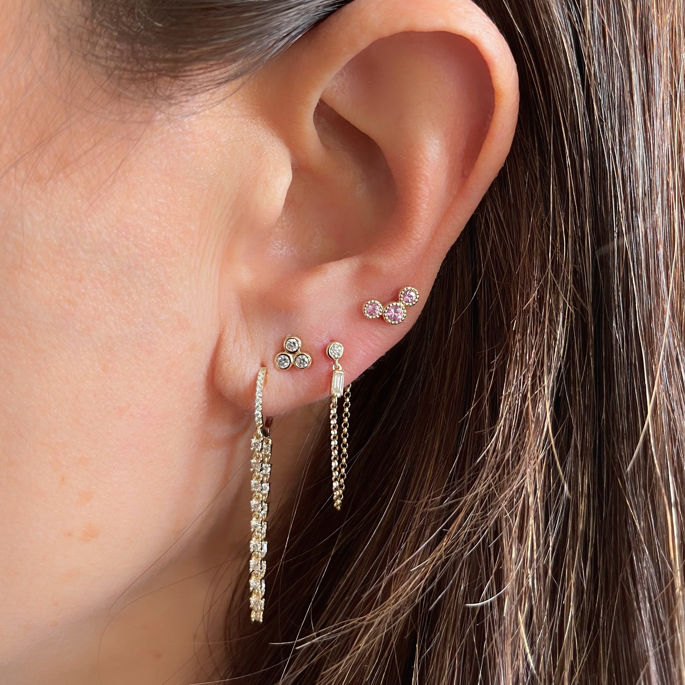 Three Diamond Bezel Set Triangle Earrings